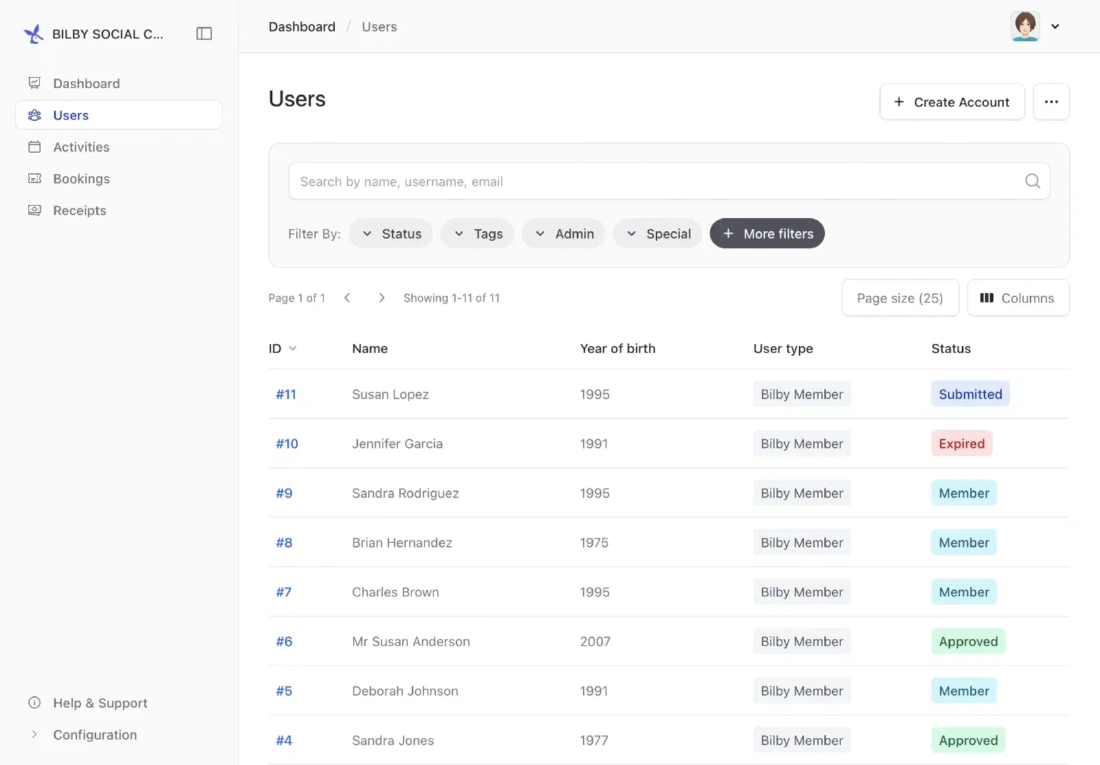 Bilby user admin screen